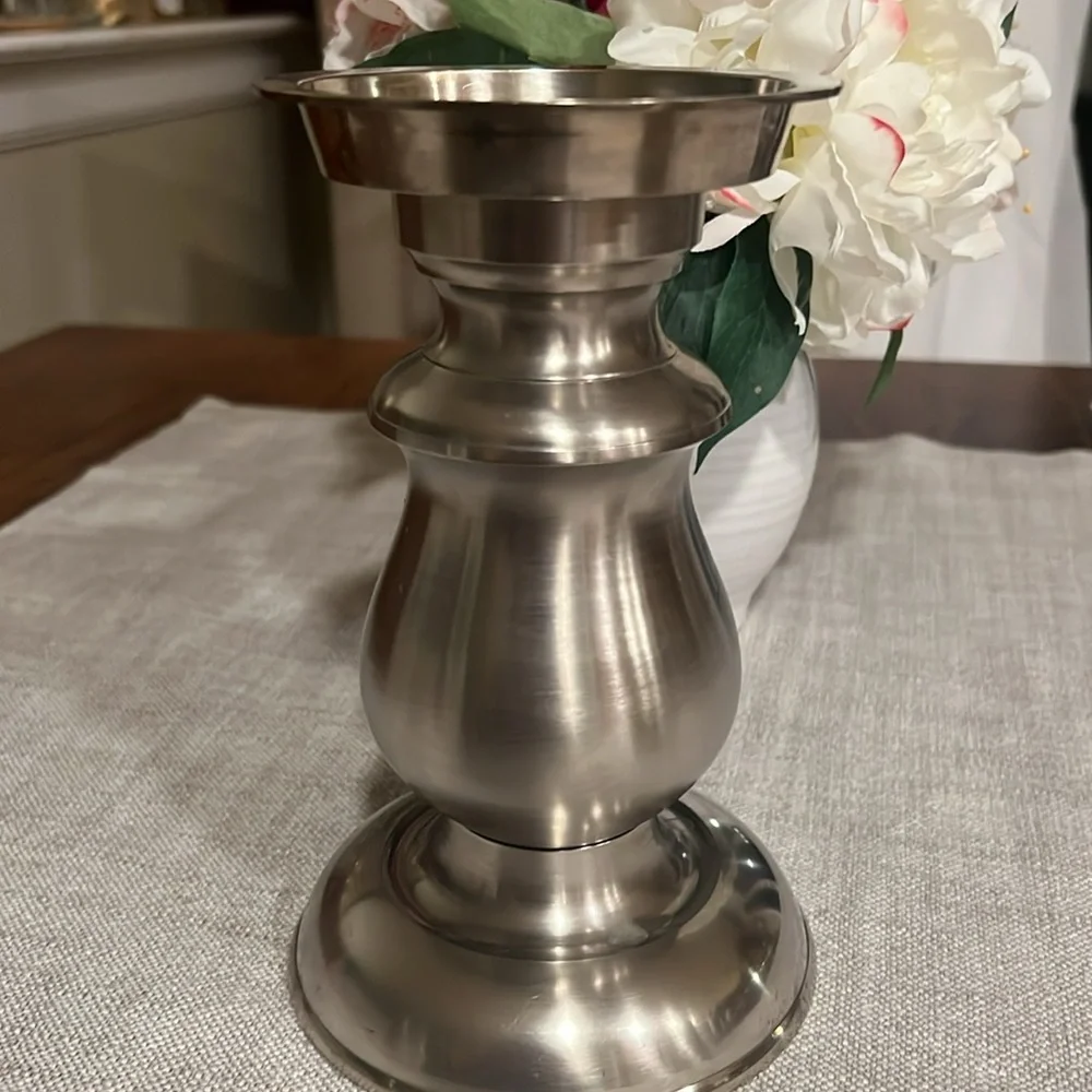 Restoration Hardware Silver Brushed Metal Pillar Candle Holder